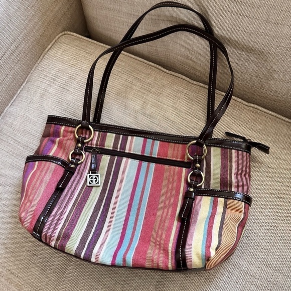 Giani Bernini Multi Compartment Striped Vegan Handbag Zipper & Magnetic Snap EUC - Picture 1 of 11